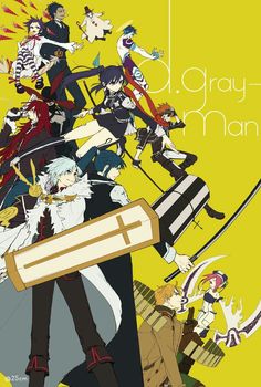 an anime character holding a box with many other characters around him and the words d gray man on it