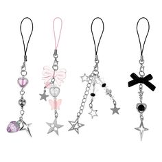 four different styles of key chains with charms on each one and an arrow, heart, star, cross, bow