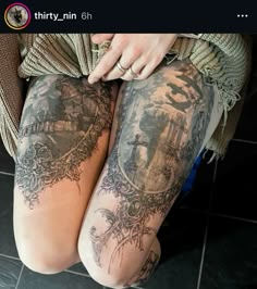 two women with tattoos on their legs sitting next to each other