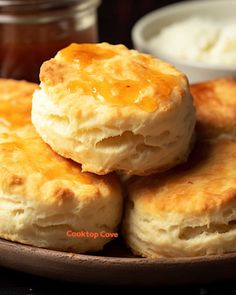 some biscuits are stacked on top of each other