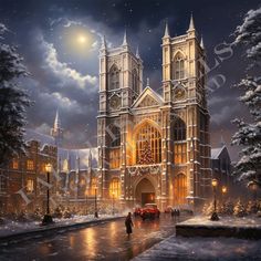 a painting of a cathedral at night with snow on the ground and people walking in front