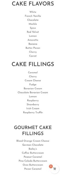 the menu for cake fillings is shown