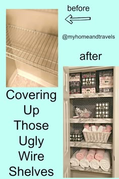 the before and after shots of a shelving unit with towels, toiletries and other items in it