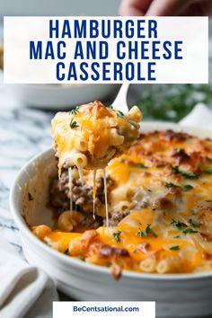 a close up of a serving of hamburger mac and cheese casserole