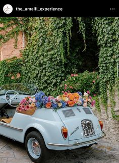 an old car with flowers in the back