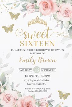 a birthday party with pink roses and gold foil on the front, and butterflies in the back