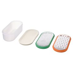 three different types of food graters on a white background, one is green and the other is orange