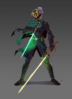 the character is holding two lightsabes in one hand and wearing a green outfit