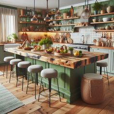 a kitchen filled with lots of counter top space next to a wooden floor covered in pots and pans