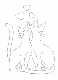 two cats sitting next to each other with hearts above them