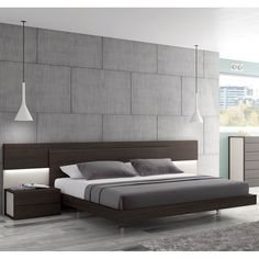 a modern bedroom with concrete walls and flooring