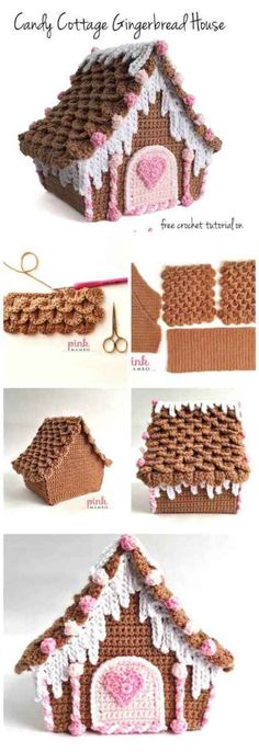 crocheted gingerbread house is shown with instructions to make it