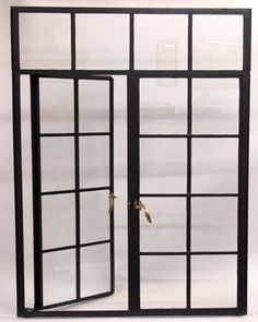 an open glass door on a white background with the reflection of another window in it