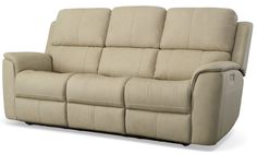 the reclining sofa is beige leather and has two arms that are facing each other