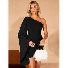 -Item Id 18603006 -Color: Black -Pattern Type: Plain -Type: Bodycon -Details: Asymmetrical, Ruched, Wrap -Neckline: Asymmetrical Neck -Sleeve Length: Long Sleeve -Sleeve Type: Flare Sleeve -Length: Short -Hem Shaped: Pencil -Waist Line: High Waist -Fit Type: Slim Fit -Fabric: Non-Stretch -Material: Woven Fabric -Composition: 95% Polyester, 5% Elastane -Care Instructions: Machine Wash Or Professional Dry Clean -Sheer: No **Open To Offers!!!** **Bundle To Save More** **30% Off Bundles Of 2 Or More Black Graduation Dress, Sleeve Bodycon Dress, Classy Chic, Chic Boutique, Boutique Dresses, Black Pattern, Flared Sleeves, Dress First, Bell Sleeve