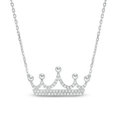 There's no denying she's the princess: make it official with this charming diamond crown necklace. Crafted in cool 10K white gold, this open design features two rows of sparkling diamonds at the base, diamond-lined arches, and polished beaded points. Regal with 1/5 ct. t.w. of diamonds and a brilliant buffed luster, this royal look suspends centered along an 18.0-inch rope chain that secures with a spring-ring clasp. Gold Necklace Zales, Heart With Crown, Zales Zales, Heart Crown, Expensive Jewelry Luxury, Crown Necklace, Diamond Crown, Royal Look, Gold Charm Necklace