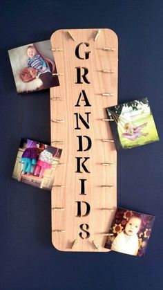 a wooden sign that says grandkids with photos hanging on the wall next to it