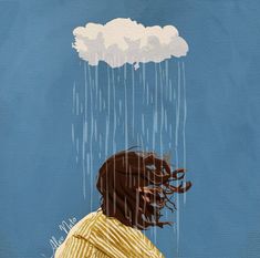 a painting of a person standing in the rain under a cloud with their hair blowing