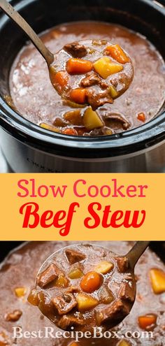 slow cooker beef stew in a crock pot with a ladle full of soup