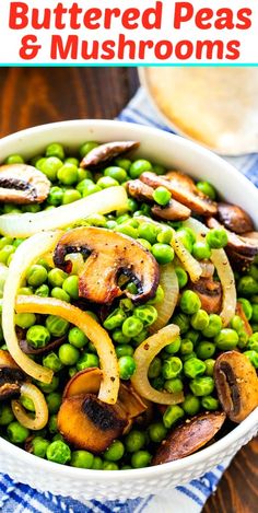 a white bowl filled with peas and mushrooms