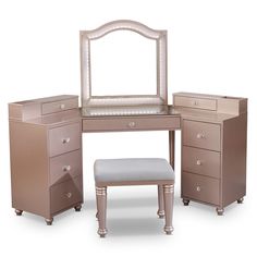 Traditional elegance blends with contemporary amenities come together in this transitional vanity set featuring table, mirror, and seat. Fashioned in a delightful rose gold, it features a majestic camelback mirror with LED lighting, a tabletop with 8mm tempered glass, and nine storage drawers angled inward. The two-tone padded stool completes this sensational set that's perfect for any bedroom or guest room. Furniture of America 74.38-in Tiffany Blush Makeup Vanity in Pink | IDF-DK5686PK Dr Room Ideas, Wooden Bedroom Set, Get Ready Room, Products Organization, Bedroom Vanities, Makeup Vanities, Padded Stool, Elegant Vanity, Vanity Benches