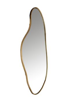 a mirror that is on the wall with a curved frame and gold trimmings