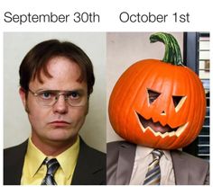 a man in a suit and tie next to a pumpkin