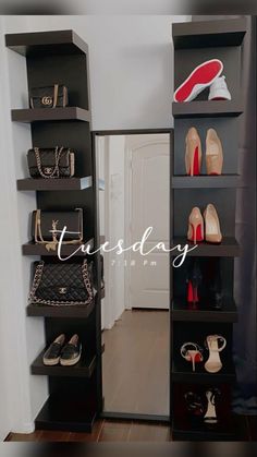 the closet is filled with shoes and purses