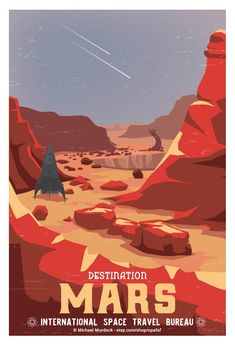 an image of a poster with the words destination mars on it's back ground