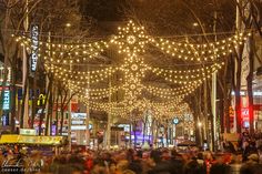 many people are walking down the street with christmas lights strung all over them and trees on both sides