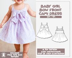 a baby girl wearing a dress with bow at the waist and bottom, in three different sizes