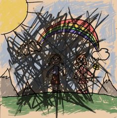 a drawing of a person standing in front of a rainbow