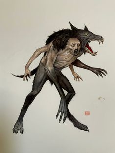 a drawing of a demon with its mouth open and claws out, standing in the air