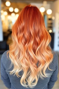 Orange And Blonde Hair Color, Creamsicle Hair Color, Red Roots Blonde Ends, Vibrant Copper Red Hair, Transition From Red To Blonde Hair, Red Hair With Blonde Ends, Summer Color Hair Ideas, Copper To Blonde Balayage