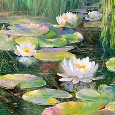 an oil painting of water lilies in a pond