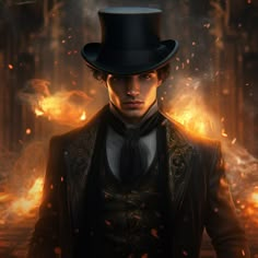 a man wearing a top hat and coat in front of fire with his hands on his hips