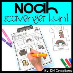 a hand holding a marker next to a clipboard with pictures on it and the words noah scavenger hunt