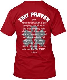 the back of a red t - shirt that says emt prayer