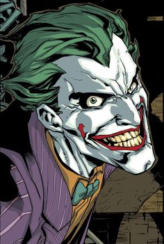 the joker from batman comics, with his green hair and white makeup is looking at the camera