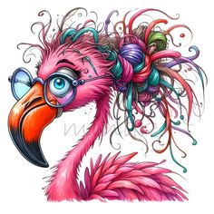 a pink flamingo with glasses on it's head and colorful feathers in the background