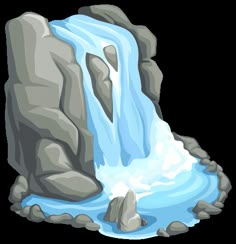 an image of a waterfall with rocks and blue water in the foreground on a white background