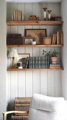 shelves with books and other items on them