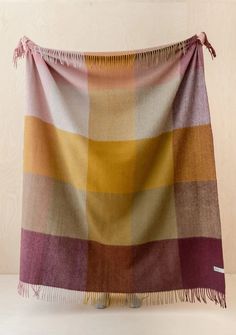 a multicolored checkered blanket with tassels hanging on a stand in front of a wall