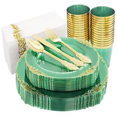 a green and gold party set with plates, cups, and napkins