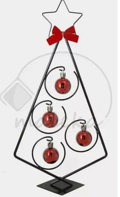 a metal christmas tree with red balls and a star on top, hanging from a black stand