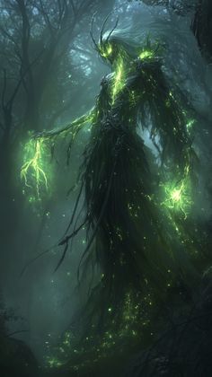 an illustration of a creature in the middle of a forest with green lights on its body