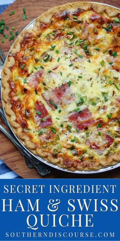 Perfect for using leftover ham, this Ham & Swiss Quiche has a super common secret ingredient that makes for a creamy, silky quiche every time! Make it for brunch or as a side dish with soup & salad as an easy dinner. Ham Swiss Quiche, Ham And Swiss Quiche, Swiss Quiche, Sweets Easy, Southern Discourse, Cheese Quiche Recipe, Cheese Game, Ham And Cheese Quiche, Quiche Lorraine Recipe