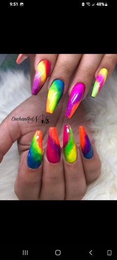 Rainbow Nails Aesthetic, Tye Dye Nails, Spring Nails Art Designs, Nails Art Tutorial, Nail Inspo Nail Art, Spring Nails Art, Fluorescent Nails, Nail Nail Designs