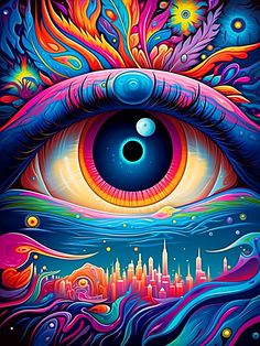 an eye that is painted with bright colors and has the city skyline in the background