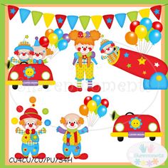 clowns with balloons and cars in the background